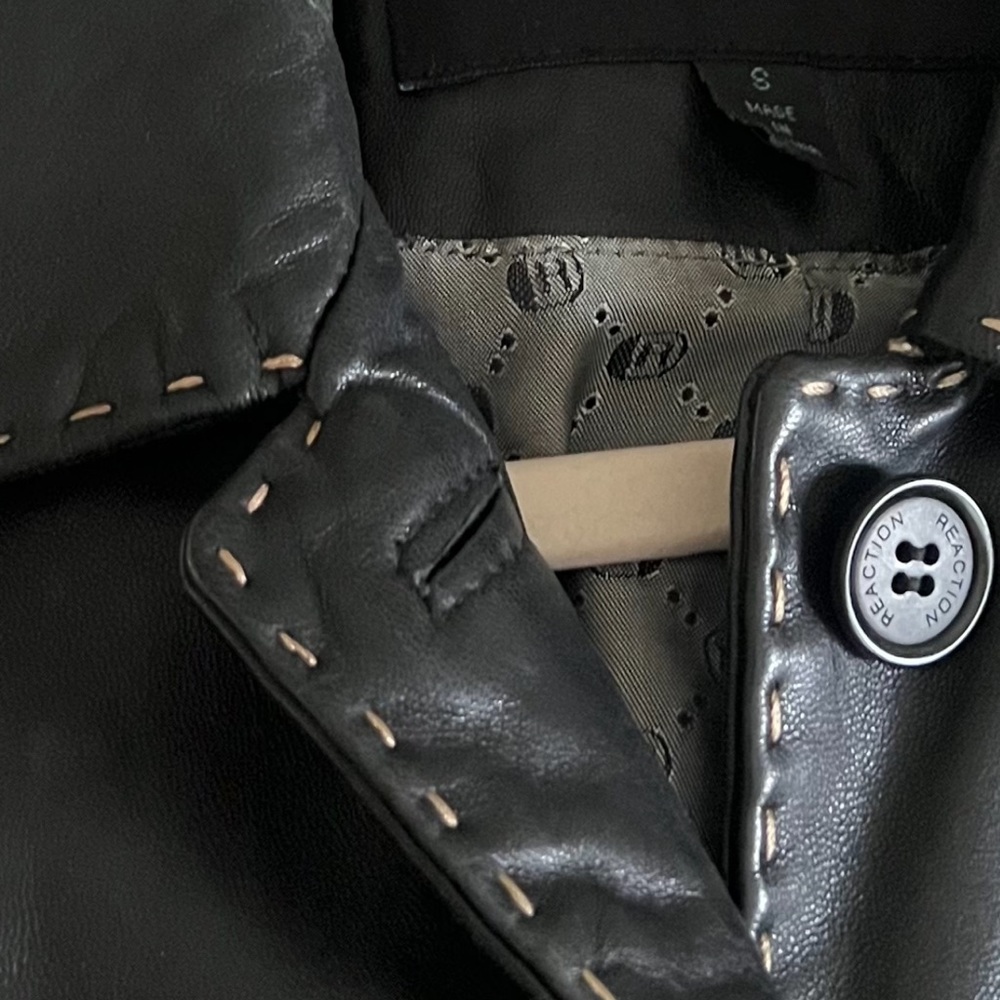 Leather jacket blazer black with white pinstitching kick split hem in back.